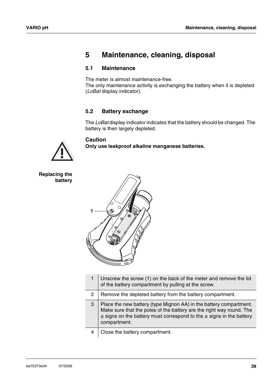 5 maintenance, cleaning, disposal, 1 maintenance, 2 battery exchange | Maintenance, cleaning, disposal, Maintenance, Battery exchange, 5maintenance, cleaning, disposal | Xylem VARIO WATERPROOF PH METER User Manual | Page 39 / 55