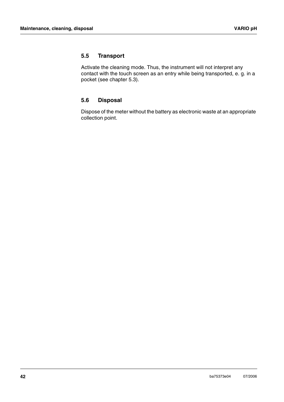 5 transport, 6 disposal, Transport | Disposal | Xylem VARIO WATERPROOF PH METER User Manual | Page 42 / 55