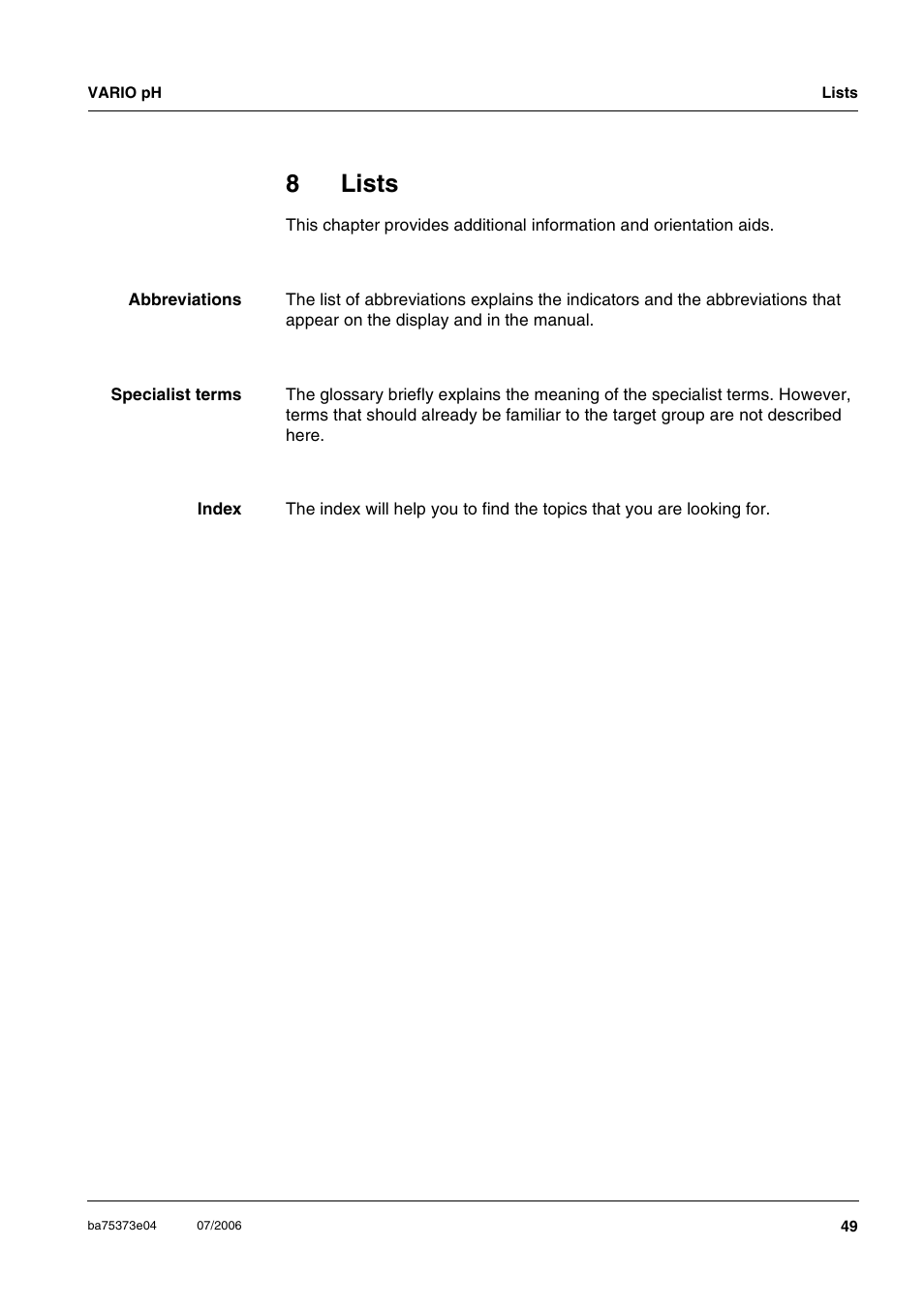 8 lists, Lists, 8lists | Xylem VARIO WATERPROOF PH METER User Manual | Page 49 / 55