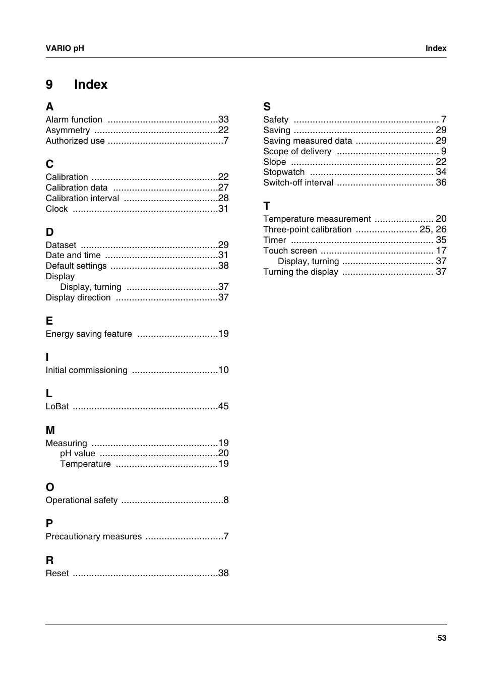 9 index, Index, 9index | Xylem VARIO WATERPROOF PH METER User Manual | Page 53 / 55