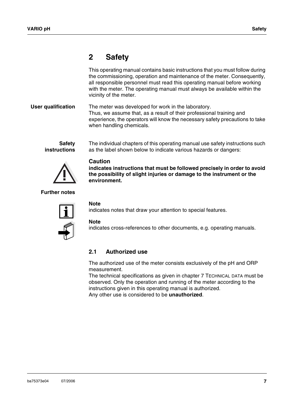 2 safety, 1 authorized use, Safety | Authorized use, 2safety | Xylem VARIO WATERPROOF PH METER User Manual | Page 7 / 55