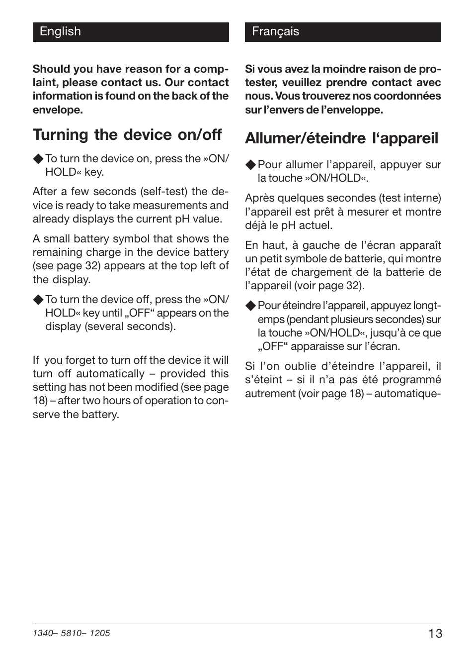 Turning the device on/off, Allumer/éteindre l‘appareil | Xylem PHT 810 pH TESTERS User Manual | Page 13 / 40