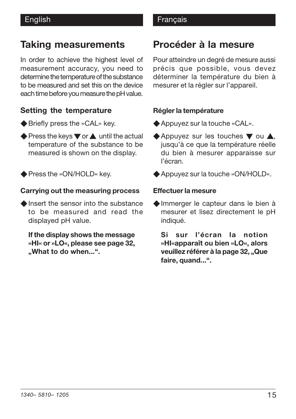 Taking measurements, Procéder à la mesure | Xylem PHT 810 pH TESTERS User Manual | Page 15 / 40