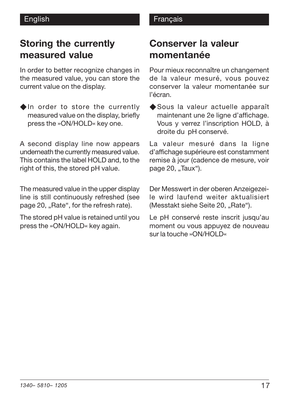 Storing the currently measured value, Conserver la valeur momentanée | Xylem PHT 810 pH TESTERS User Manual | Page 17 / 40
