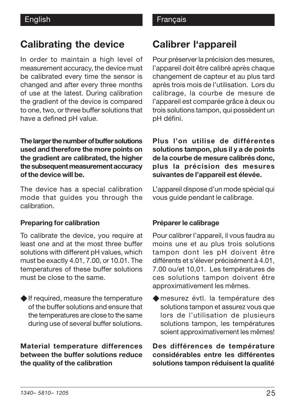 Calibrating the device, Calibrer l‘appareil | Xylem PHT 810 pH TESTERS User Manual | Page 25 / 40