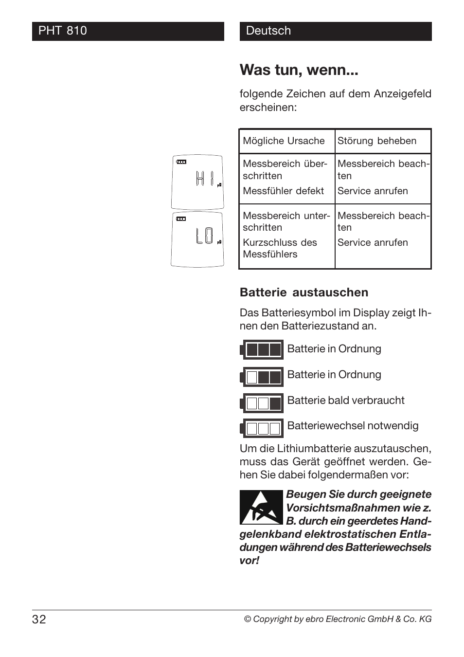 Was tun, wenn | Xylem PHT 810 pH TESTERS User Manual | Page 32 / 40