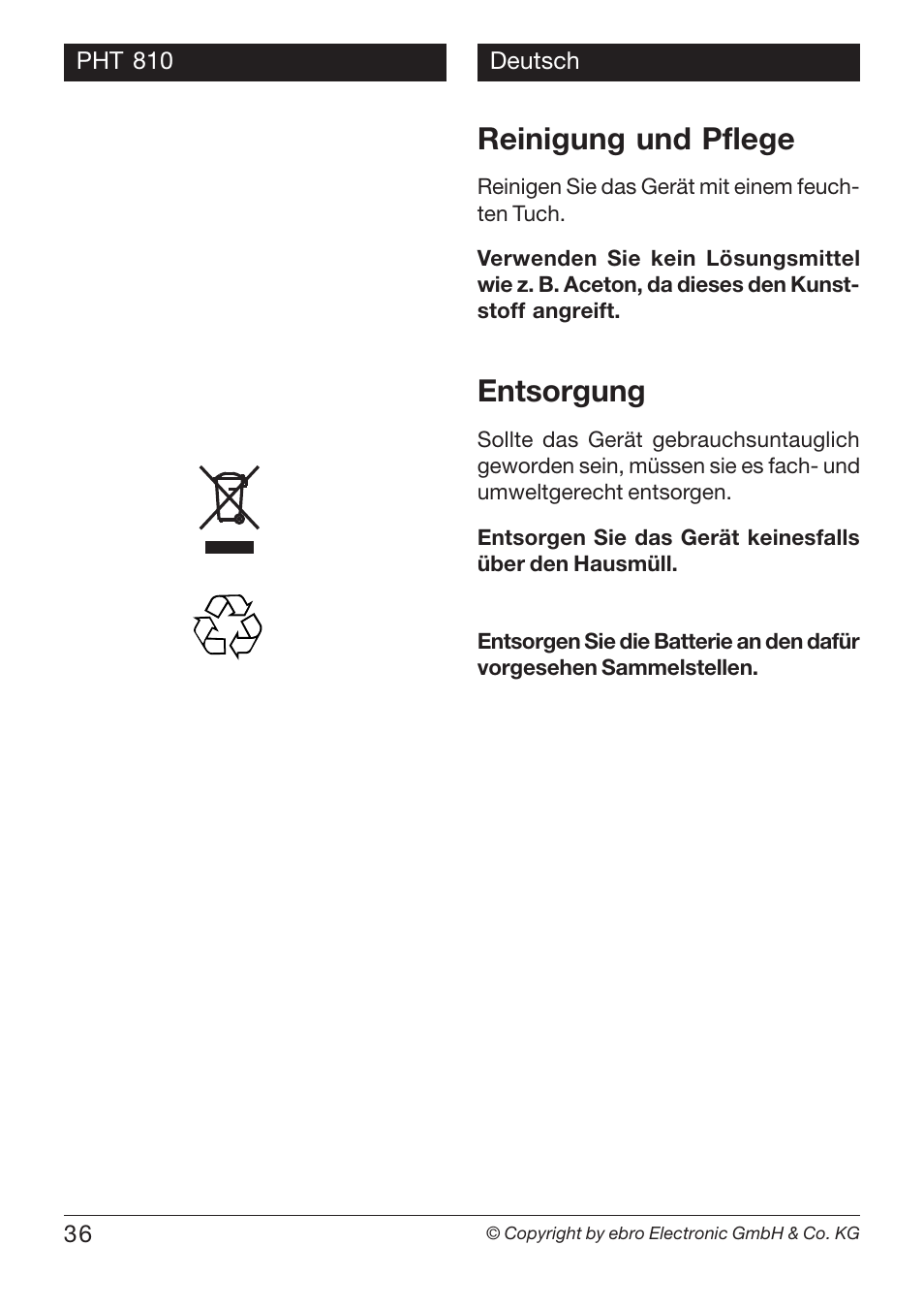 Reinigung und pflege, Entsorgung | Xylem PHT 810 pH TESTERS User Manual | Page 36 / 40