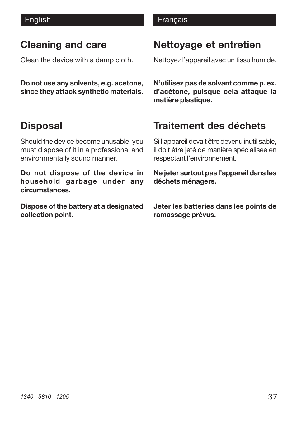 Cleaning and care, Disposal, Nettoyage et entretien | Traitement des déchets | Xylem PHT 810 pH TESTERS User Manual | Page 37 / 40