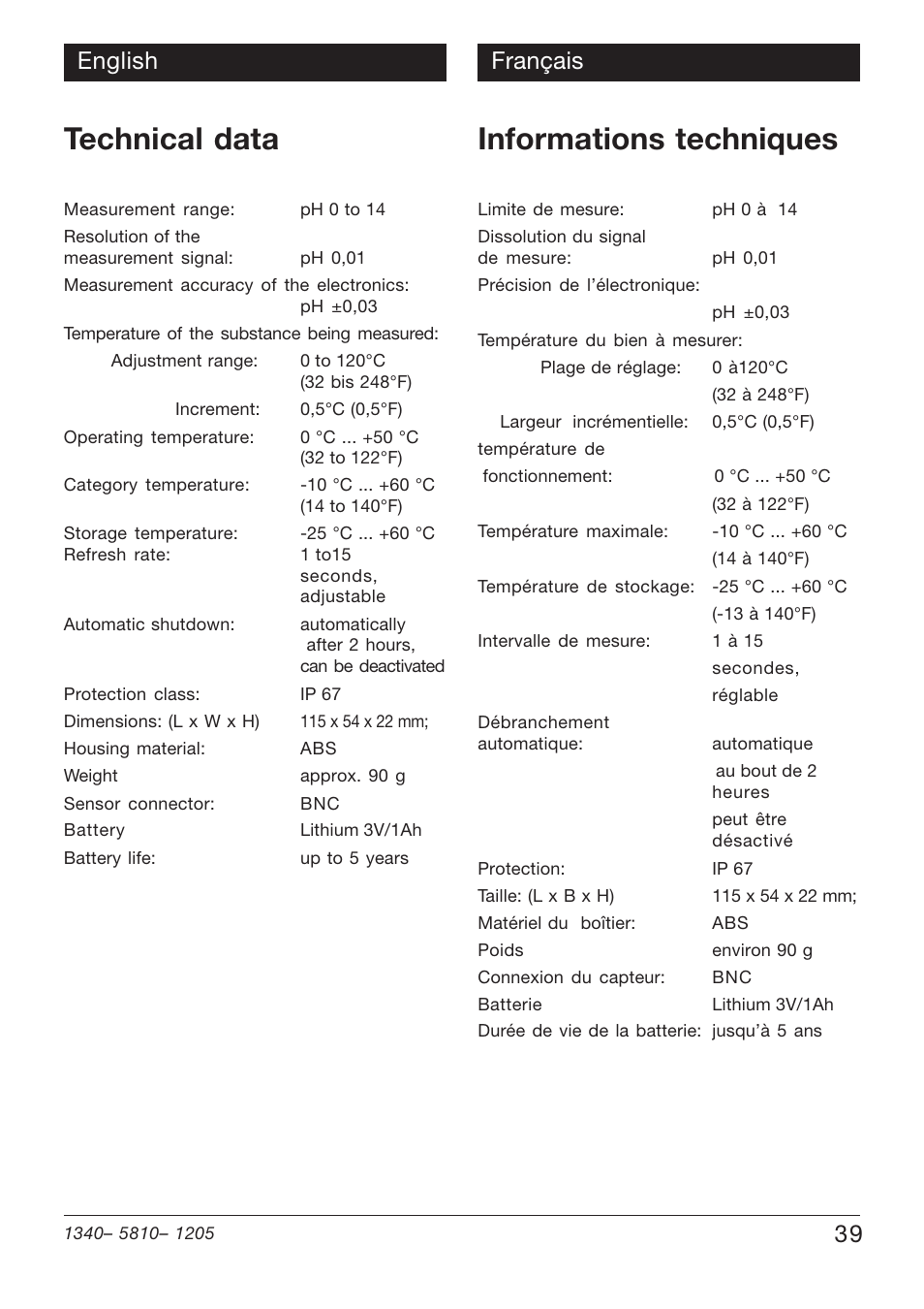 Technical data, Informations techniques, 39 english français | Xylem PHT 810 pH TESTERS User Manual | Page 39 / 40