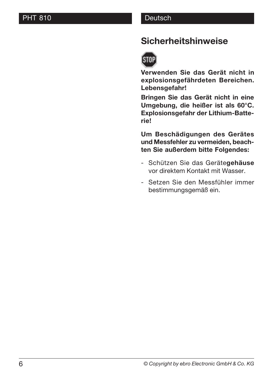 Sicherheitshinweise | Xylem PHT 810 pH TESTERS User Manual | Page 6 / 40