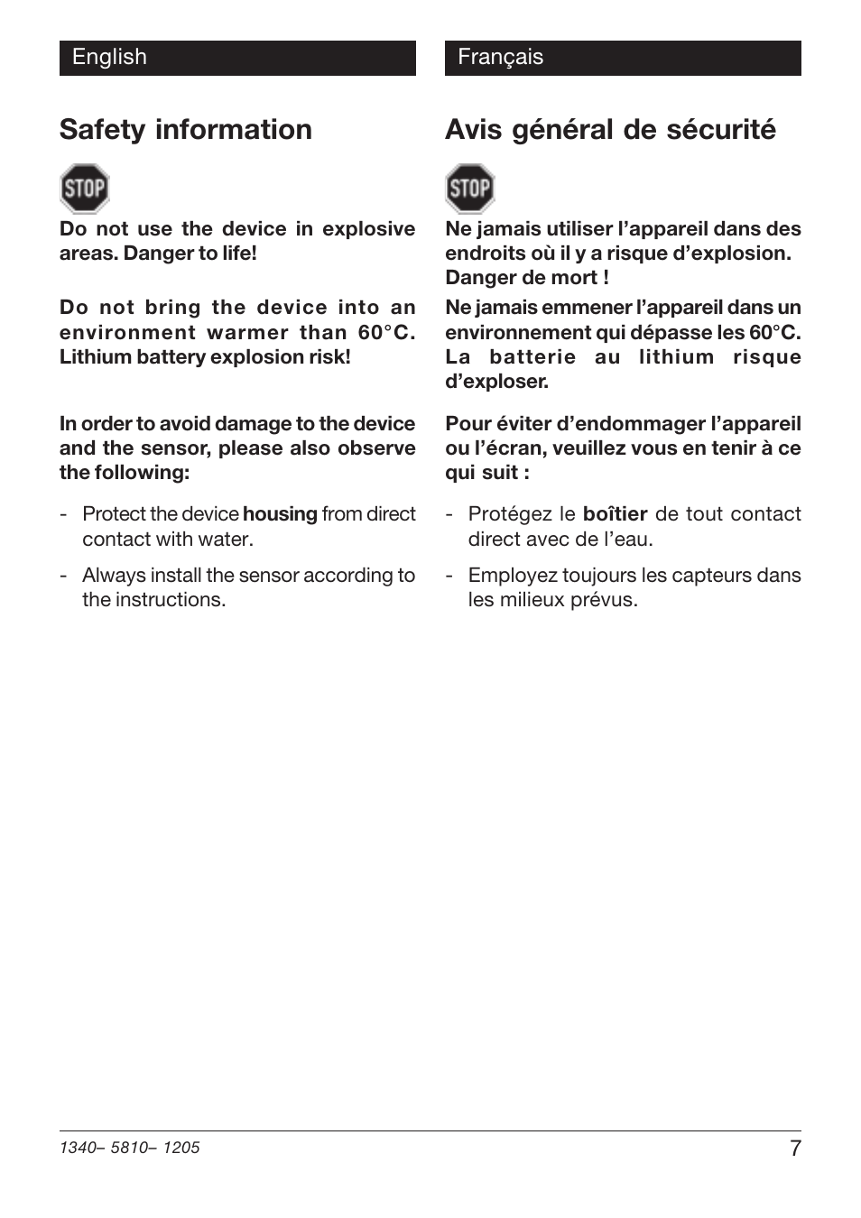 Safety information, Avis général de sécurité | Xylem PHT 810 pH TESTERS User Manual | Page 7 / 40