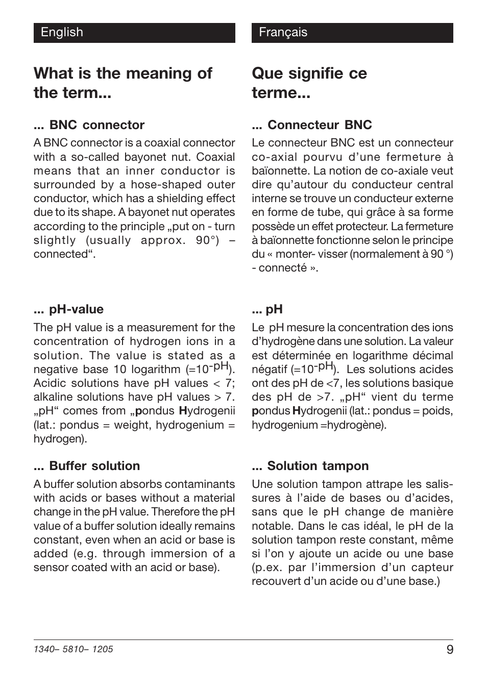 What is the meaning of the term, Que signifie ce terme | Xylem PHT 810 pH TESTERS User Manual | Page 9 / 40