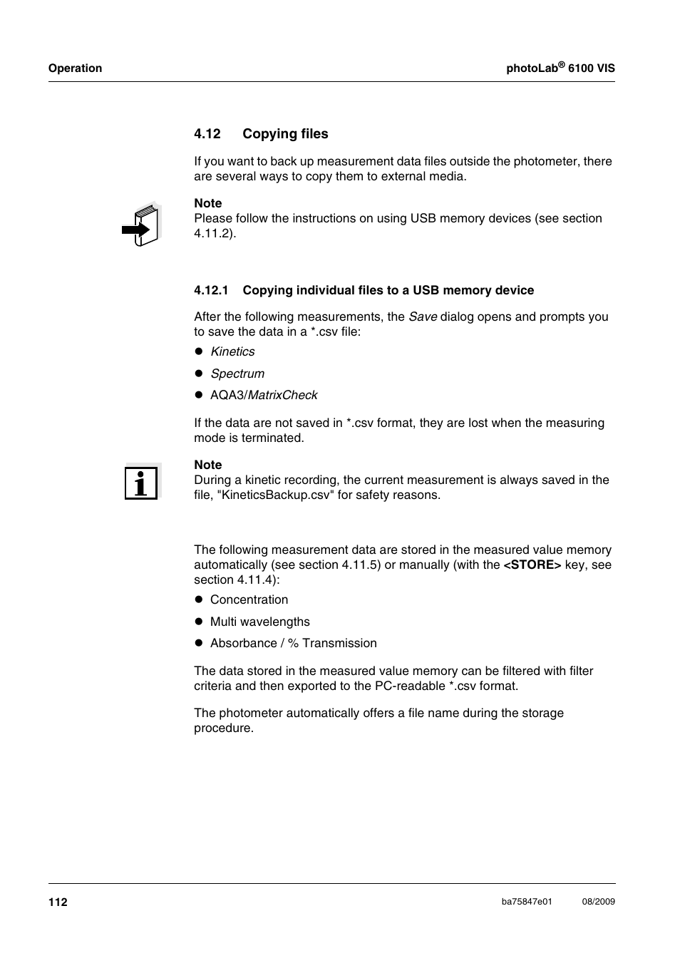 12 copying files, 1 copying individual files to a usb memory device, 1 copying individual files to a usb memory | Device, Section 4.12sect | Xylem photoLab 6100 VIS User Manual | Page 112 / 186