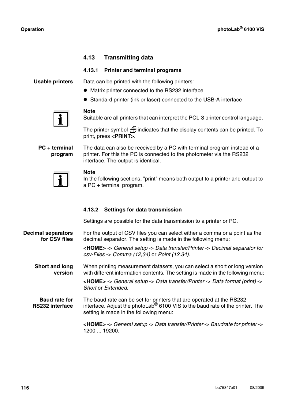 13 transmitting data, 1 printer and terminal programs, 2 settings for data transmission | Ee section 4.13, Ion 4.13), Ee section 4.13.2) | Xylem photoLab 6100 VIS User Manual | Page 116 / 186
