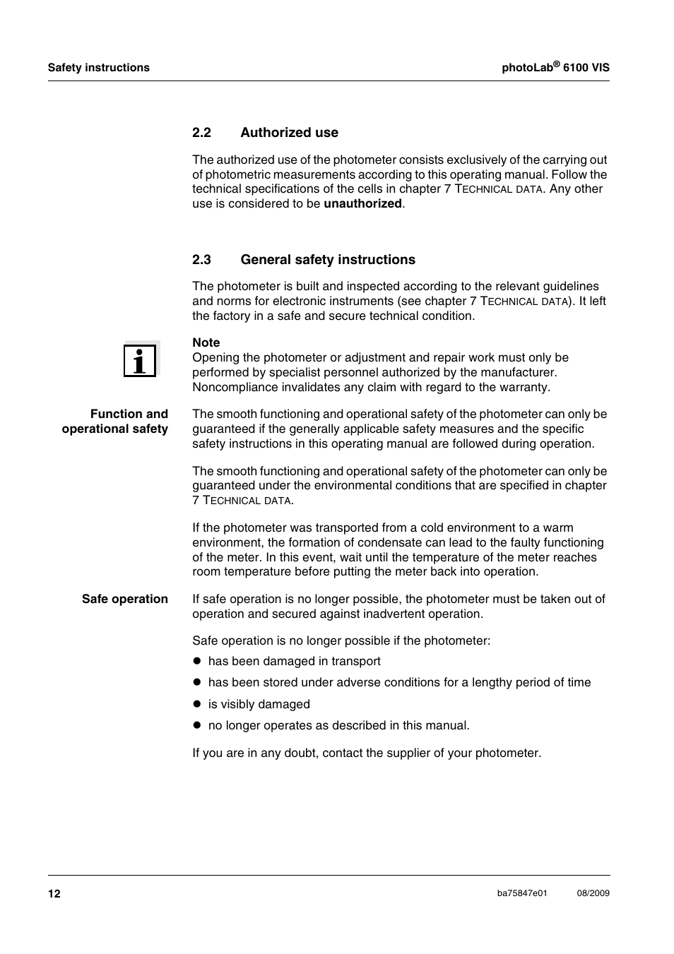 2 authorized use, 3 general safety instructions, Authorized use | General safety instructions | Xylem photoLab 6100 VIS User Manual | Page 12 / 186