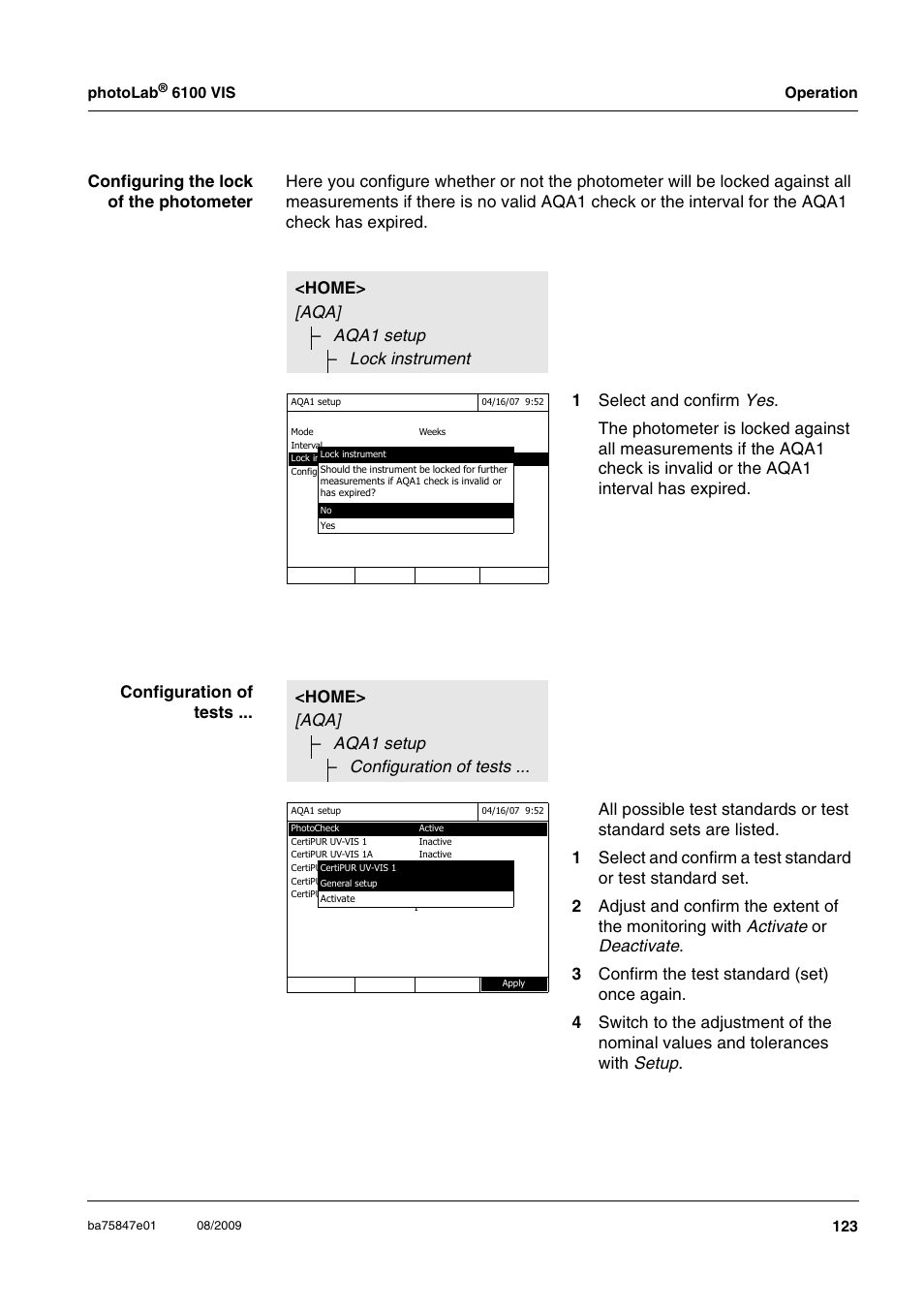 Home> [aqa] – aqa1 setup – configuration of tests | Xylem photoLab 6100 VIS User Manual | Page 123 / 186