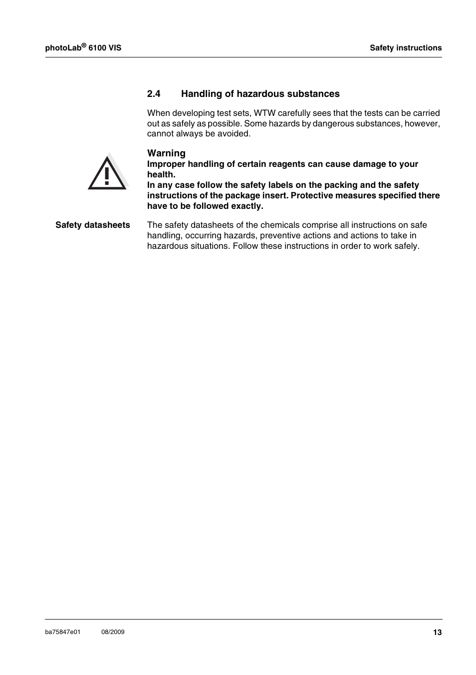 4 handling of hazardous substances, Handling of hazardous substances | Xylem photoLab 6100 VIS User Manual | Page 13 / 186