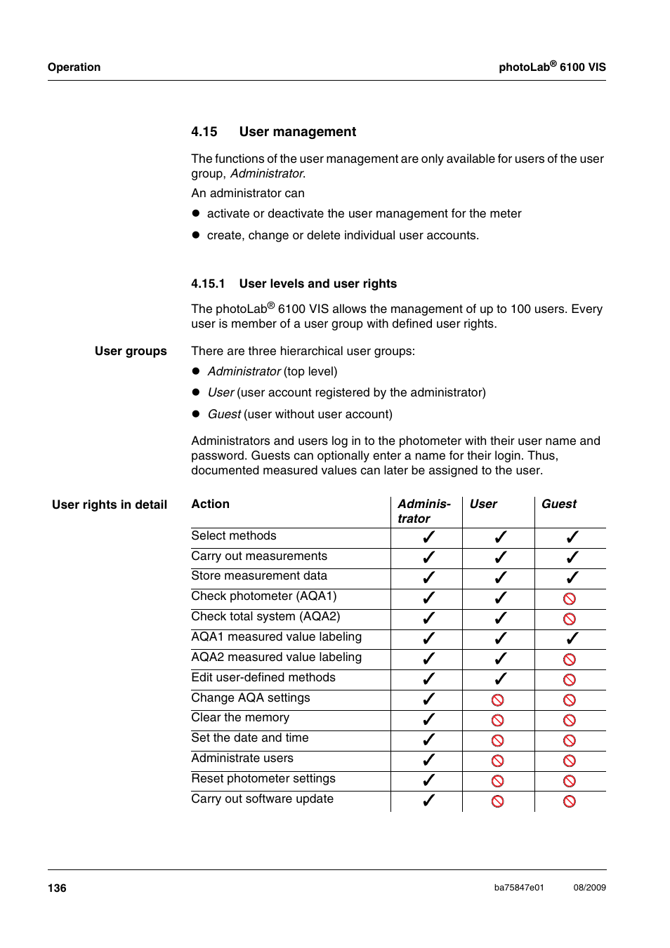 15 user management, 1 user levels and user rights, Ee section 4.15) | Xylem photoLab 6100 VIS User Manual | Page 136 / 186