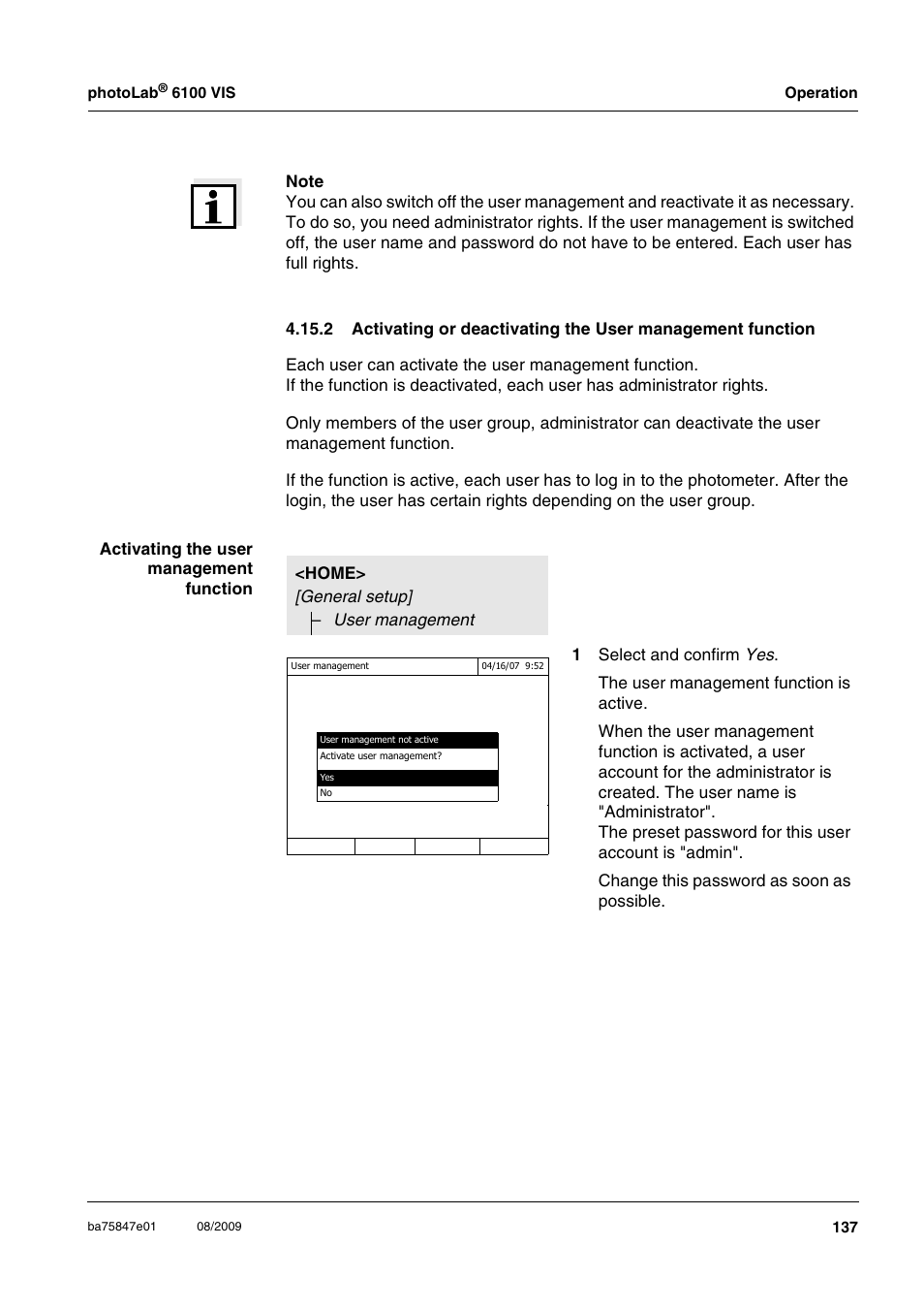 2 activating or deactivating the user, Management function | Xylem photoLab 6100 VIS User Manual | Page 137 / 186