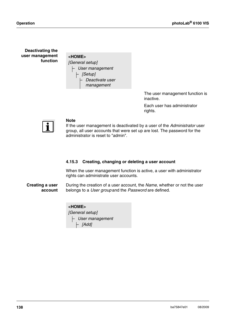 3 creating, changing or deleting a user account | Xylem photoLab 6100 VIS User Manual | Page 138 / 186