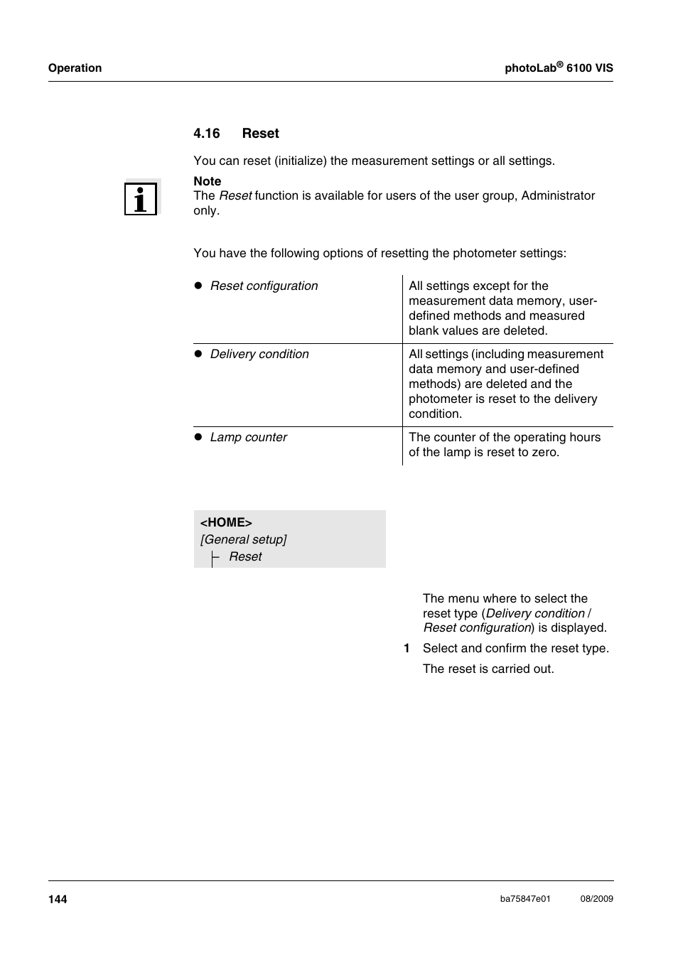 16 reset, Ues (see section 4.16 | Xylem photoLab 6100 VIS User Manual | Page 144 / 186