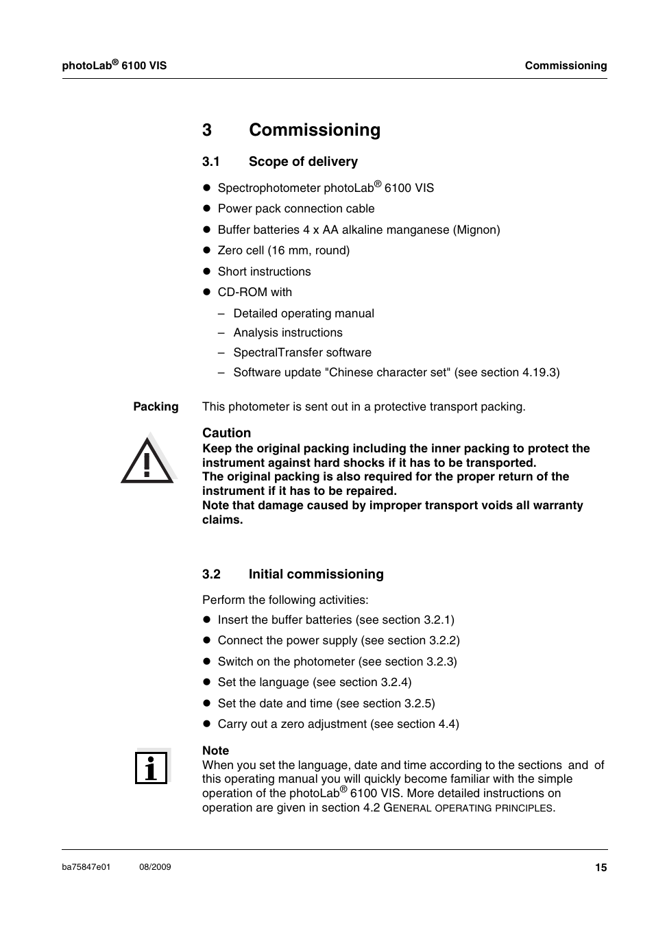 3 commissioning, 1 scope of delivery, 2 initial commissioning | Commissioning, Scope of delivery, Initial commissioning, 3commissioning | Xylem photoLab 6100 VIS User Manual | Page 15 / 186