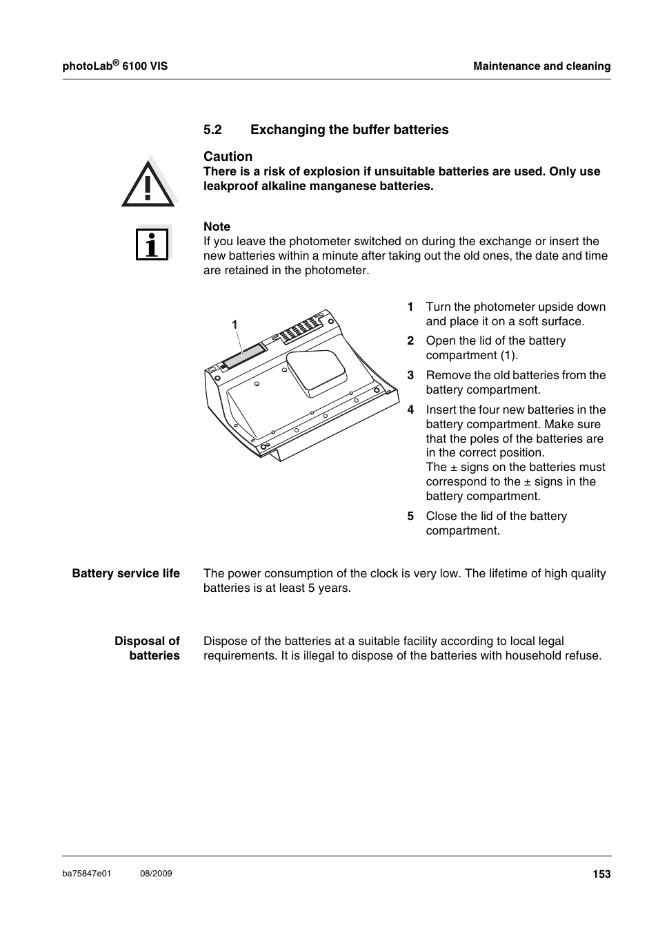 2 exchanging the buffer batteries, Exchanging the buffer batteries | Xylem photoLab 6100 VIS User Manual | Page 153 / 186