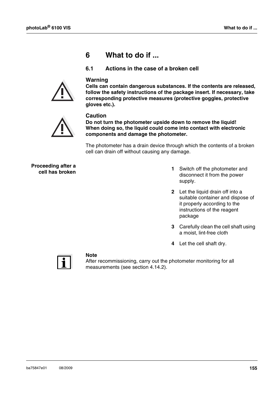 6 what to do if, 1 actions in the case of a broken cell, What to do if | Actions in the case of a broken cell, 6what to do if | Xylem photoLab 6100 VIS User Manual | Page 155 / 186