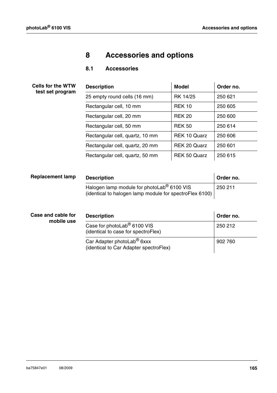 8 accessories and options, 1 accessories, Accessories and options | Accessories, Section 8.1), Ee chapter 8 a, Ccessories, Options, Chapter 8 a, The chapter 8 a | Xylem photoLab 6100 VIS User Manual | Page 165 / 186