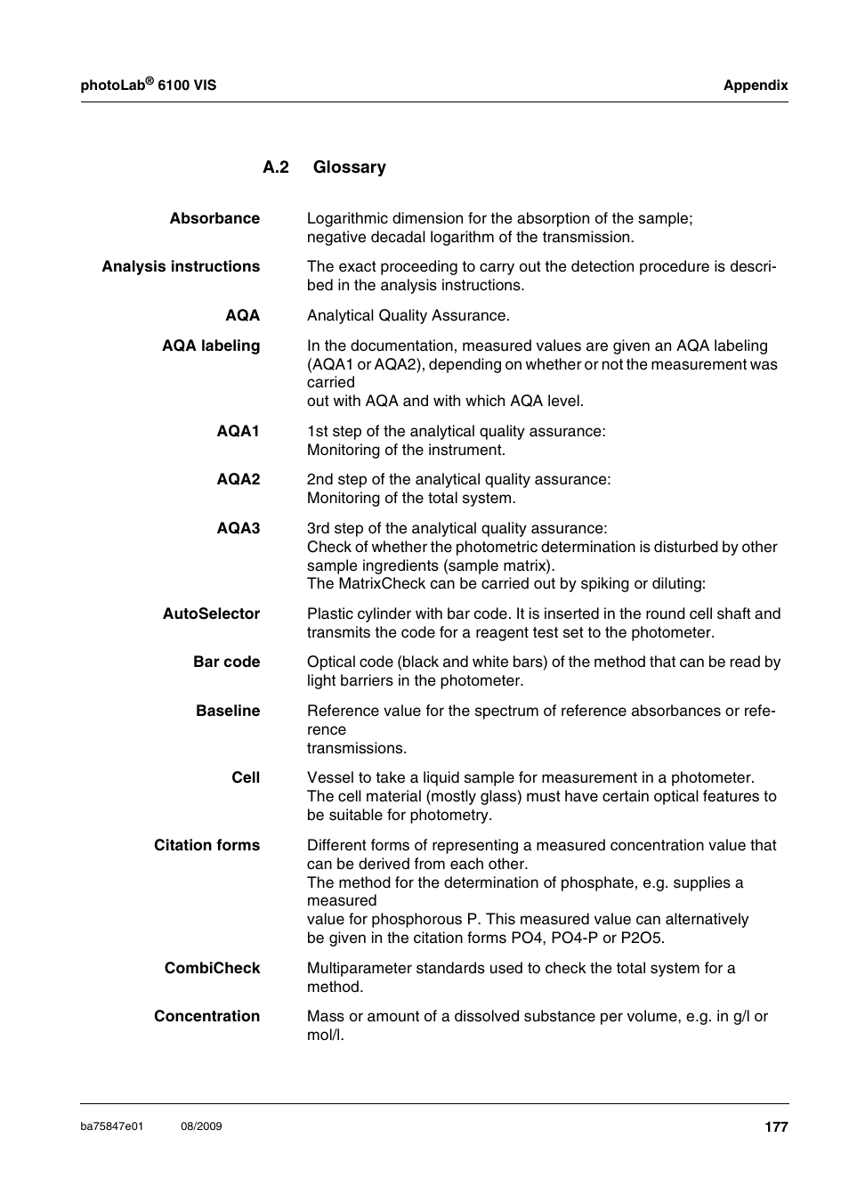 A.2 glossary, Glossary | Xylem photoLab 6100 VIS User Manual | Page 177 / 186