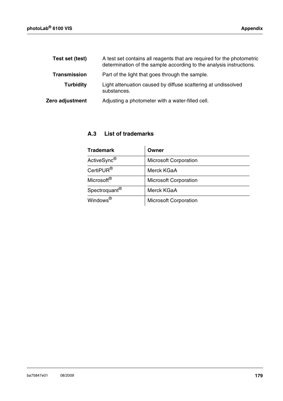A.3 list of trademarks, List of trademarks | Xylem photoLab 6100 VIS User Manual | Page 179 / 186