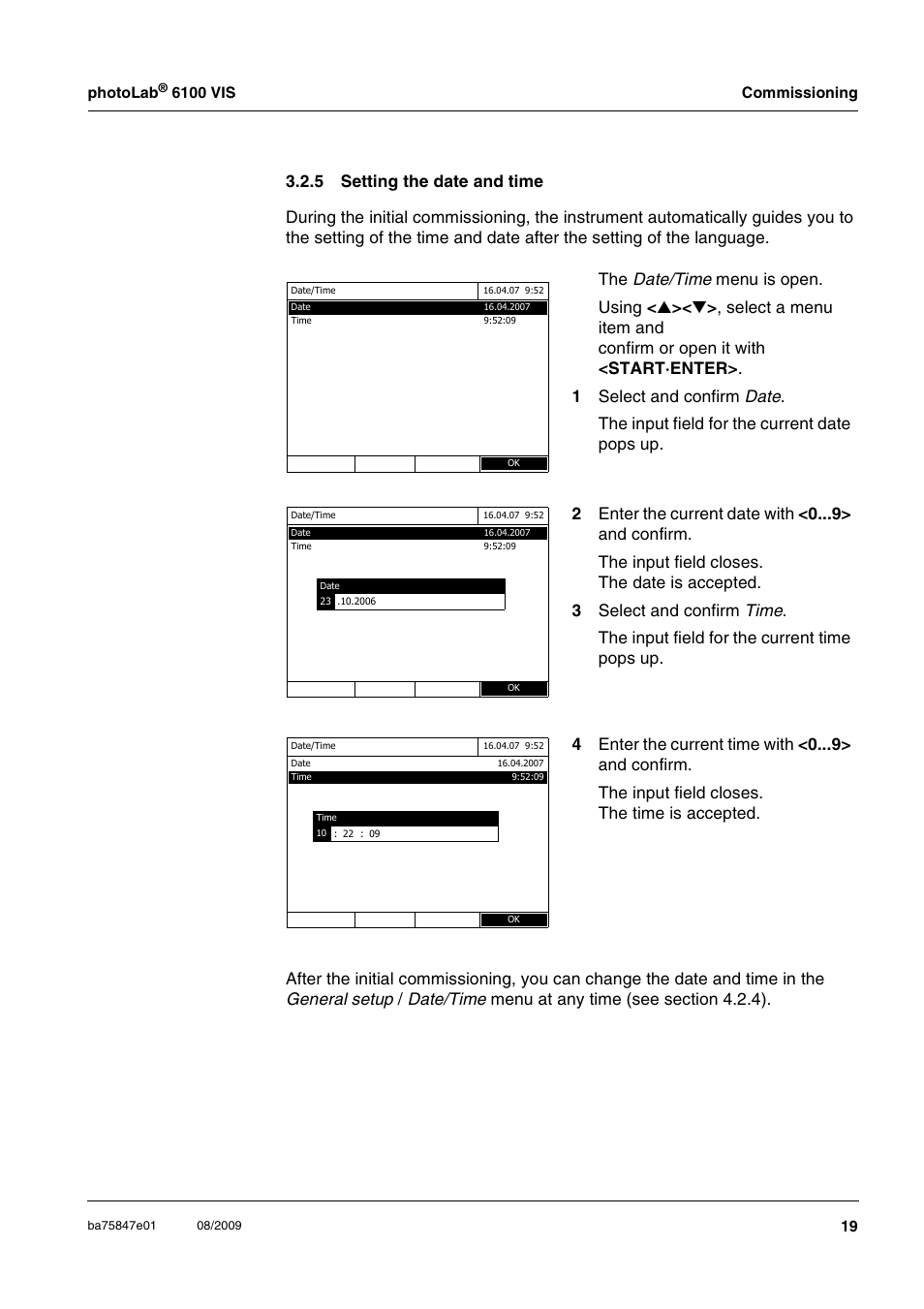 5 setting the date and time, Setting the date and time, Section 3.2.5) | Ee section 3.2.5) | Xylem photoLab 6100 VIS User Manual | Page 19 / 186