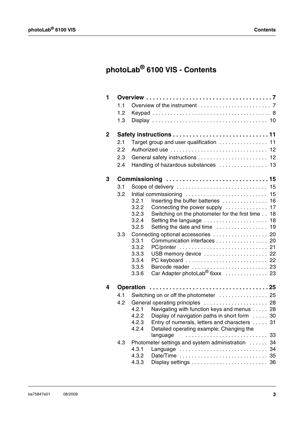 Photolab, 6100 vis - contents | Xylem photoLab 6100 VIS User Manual | Page 3 / 186