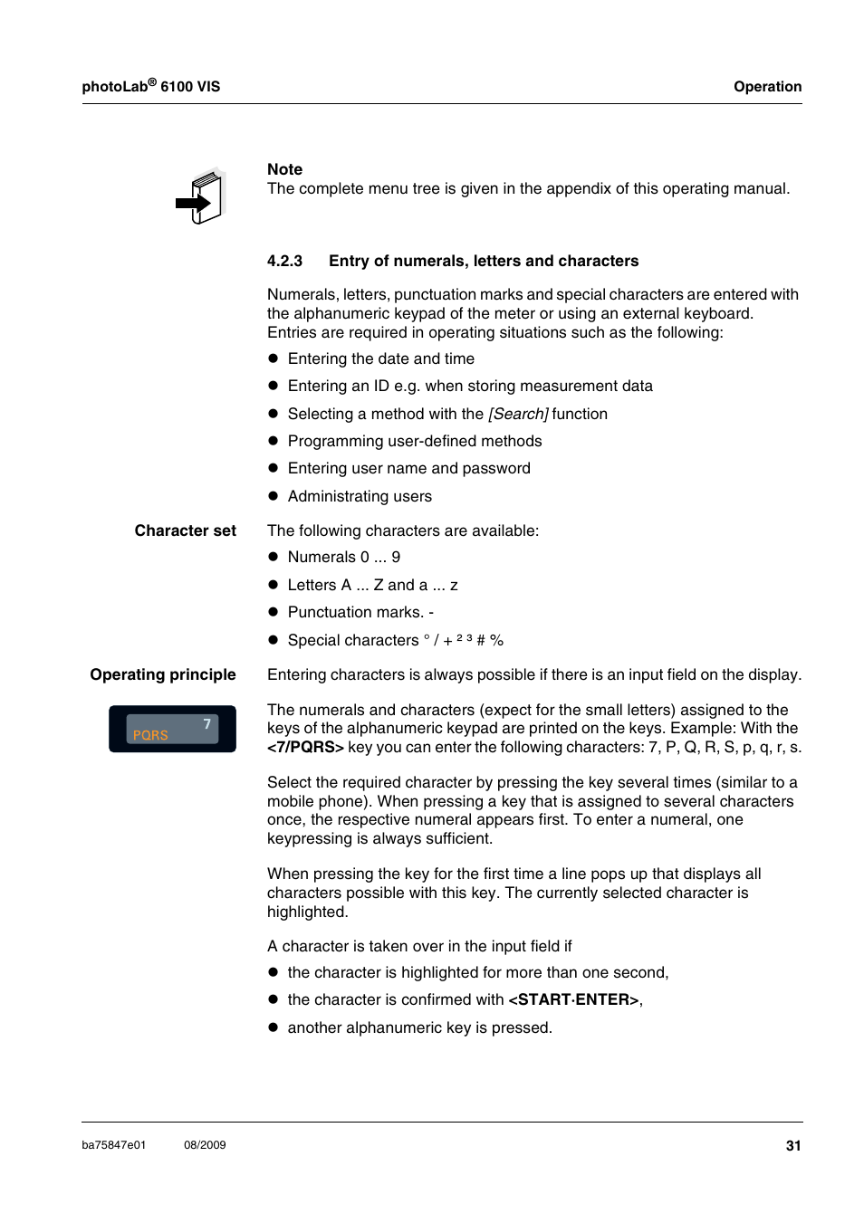 3 entry of numerals, letters and characters, Entry of numerals, letters and characters | Xylem photoLab 6100 VIS User Manual | Page 31 / 186