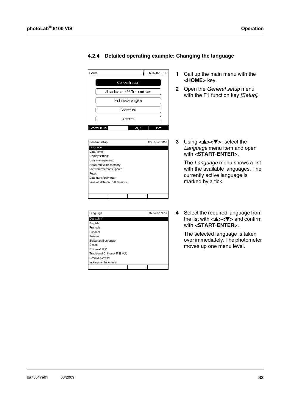 Detailed operating example: changing the language, Ee section 4.2.4 | Xylem photoLab 6100 VIS User Manual | Page 33 / 186