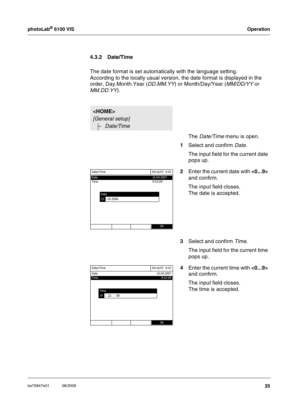 2 date/time, Date/time, Ee section 4.3.2 | E (see section 4.3.2 | Xylem photoLab 6100 VIS User Manual | Page 35 / 186