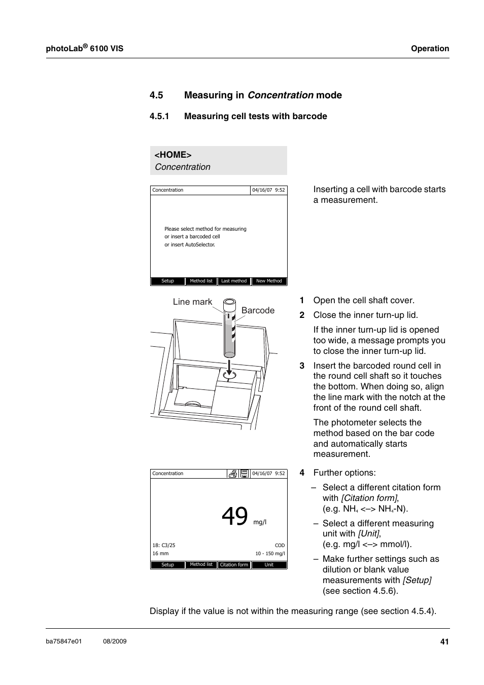 5 measuring in concentration mode, 1 measuring cell tests with barcode, Measuring in | Measuring cell tests with barcode | Xylem photoLab 6100 VIS User Manual | Page 41 / 186