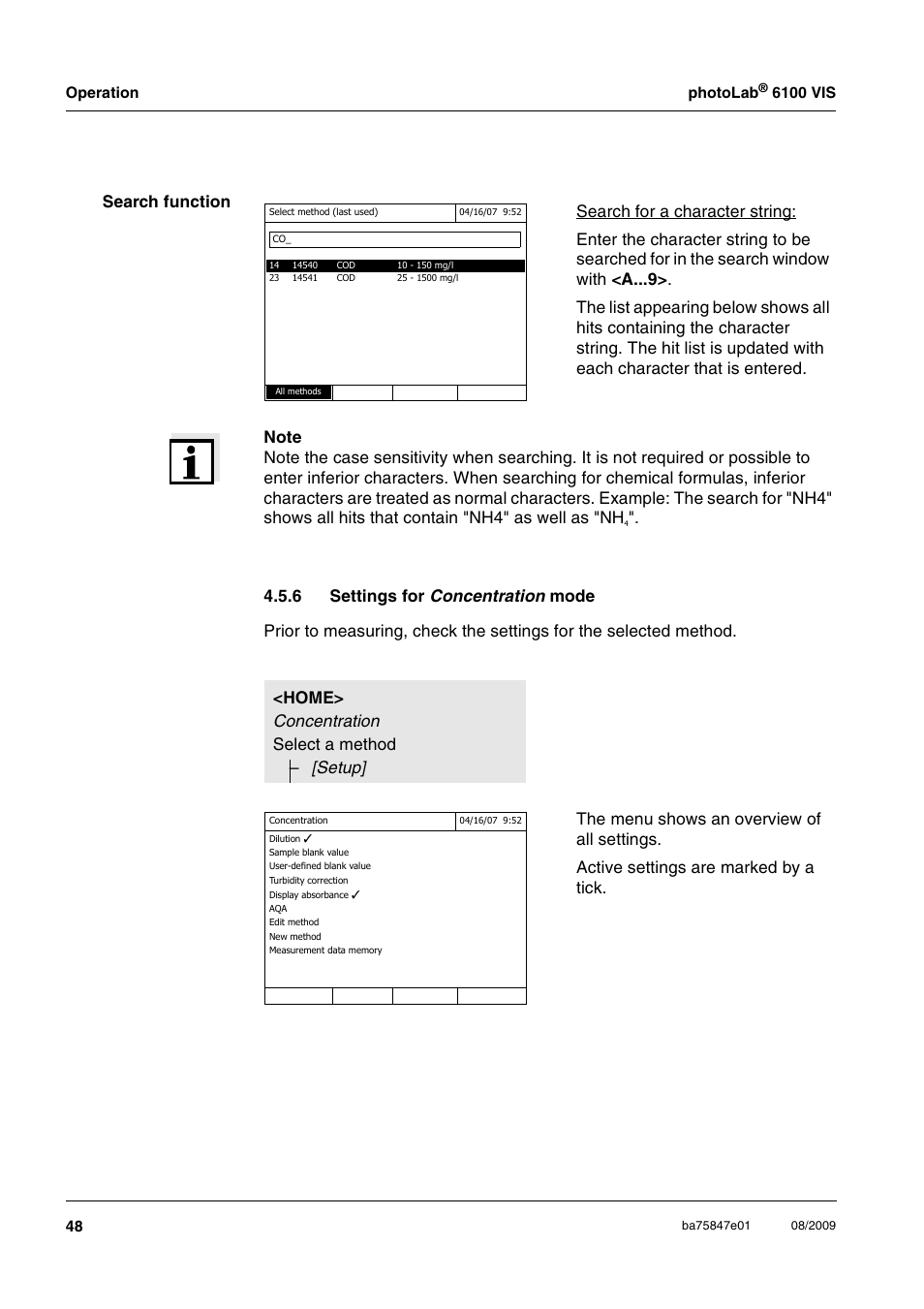 6 settings for concentration mode, Settings for, Home> concentration select a method – [setup | Xylem photoLab 6100 VIS User Manual | Page 48 / 186