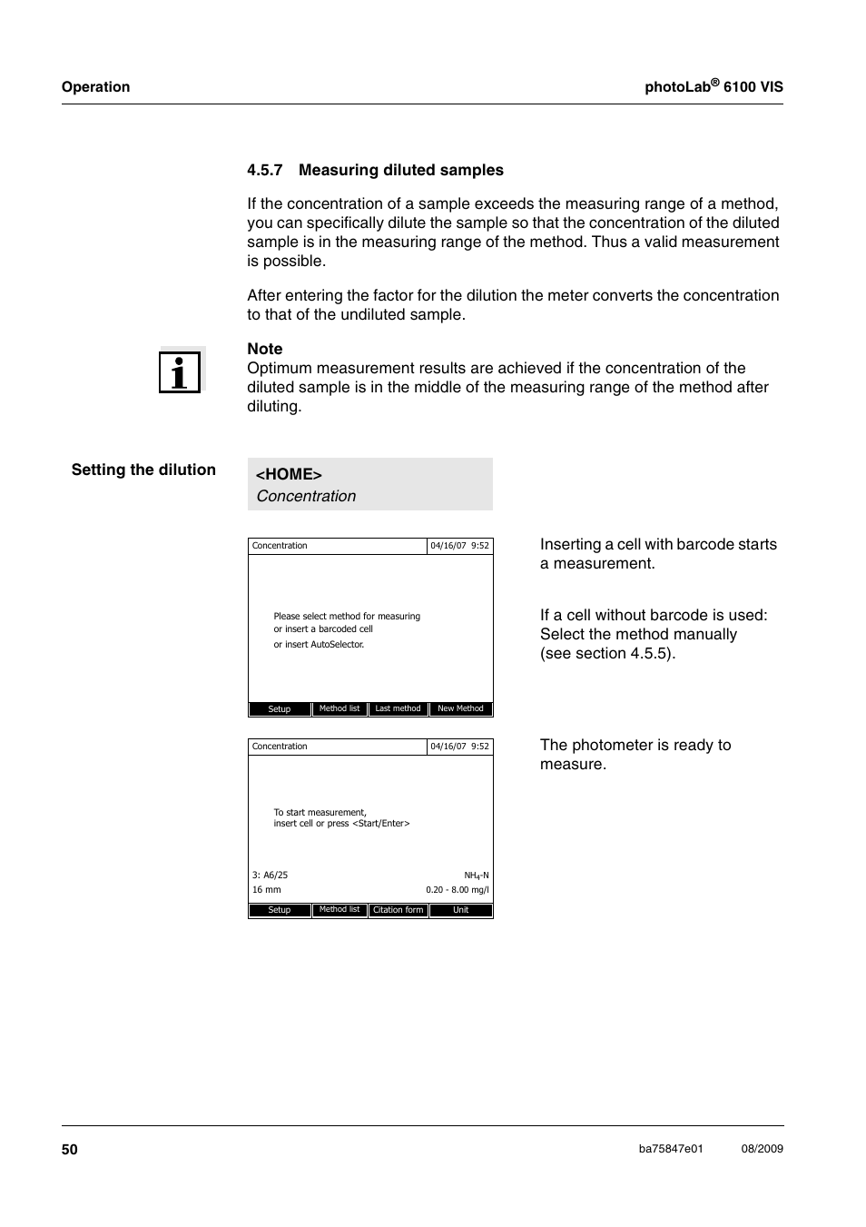 7 measuring diluted samples, Measuring diluted samples, Section 4.5.7 | Xylem photoLab 6100 VIS User Manual | Page 50 / 186