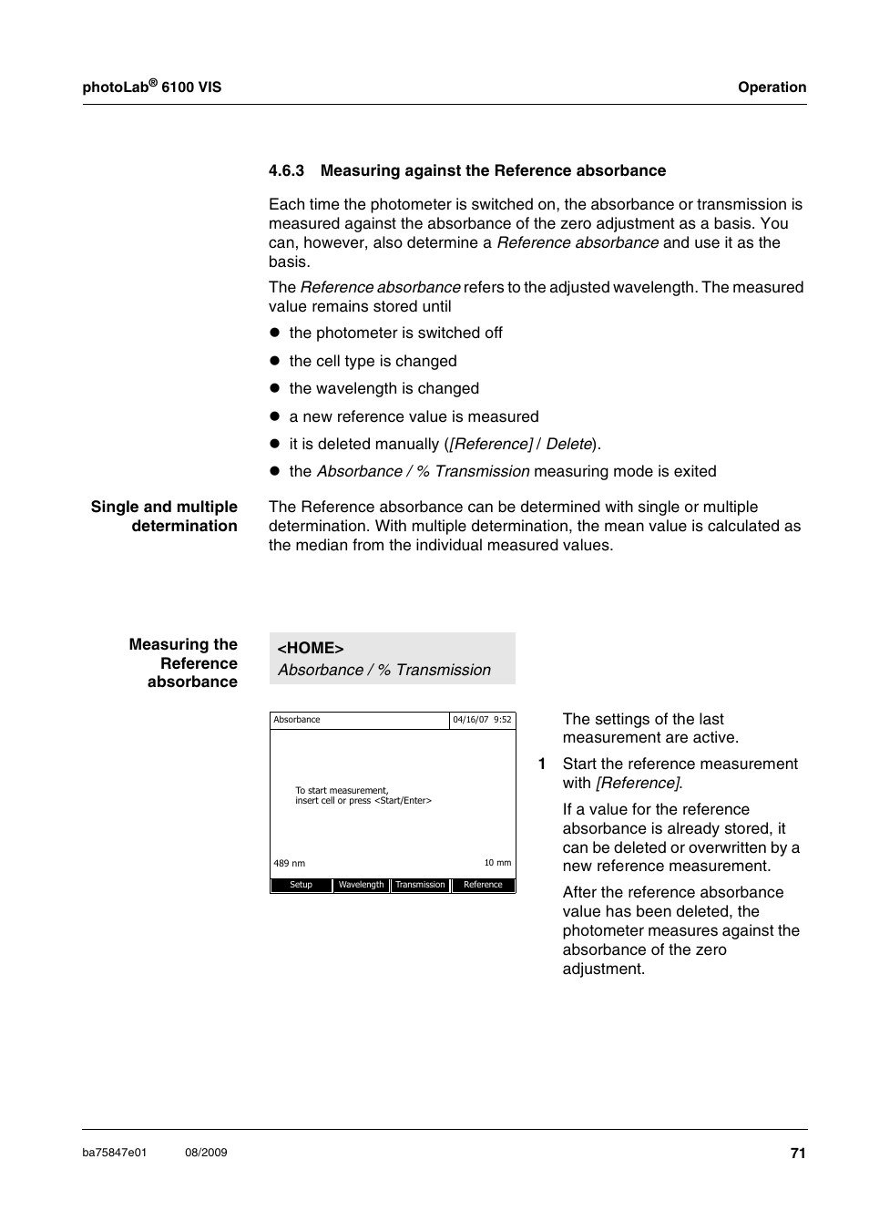 3 measuring against the reference absorbance, Measuring against the reference absorbance . 71, Section 4.6.3 m | Easuring, Against, Eference, Absorbance, Section 4.6.3) | Xylem photoLab 6100 VIS User Manual | Page 71 / 186