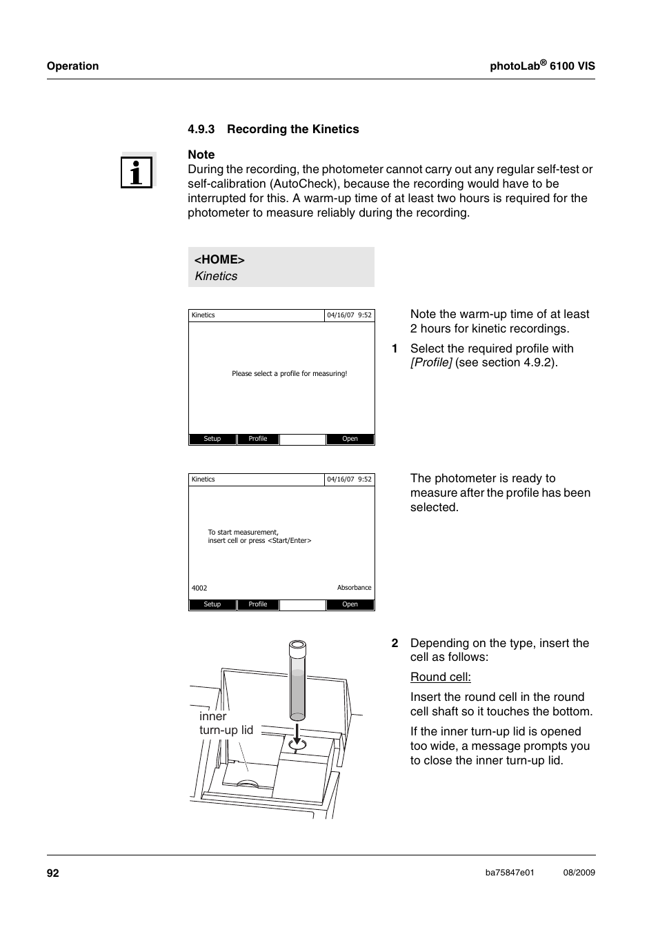 3 recording the kinetics, Recording the kinetics, Inner turn-up lid | Xylem photoLab 6100 VIS User Manual | Page 92 / 186