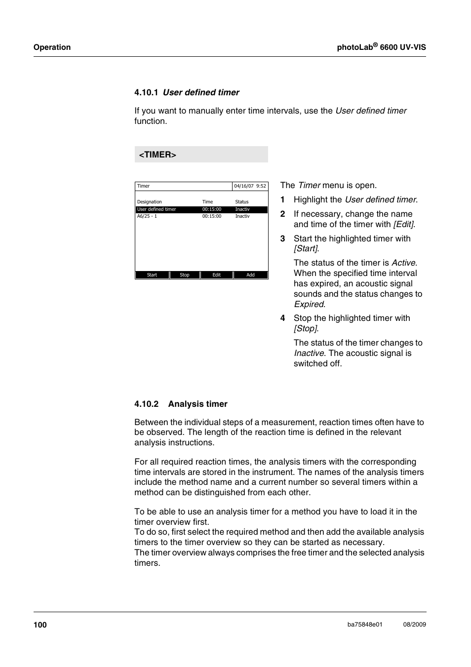 1 user defined timer, 2 analysis timer | Xylem photoLab 6600 UV-VIS User Manual | Page 100 / 184