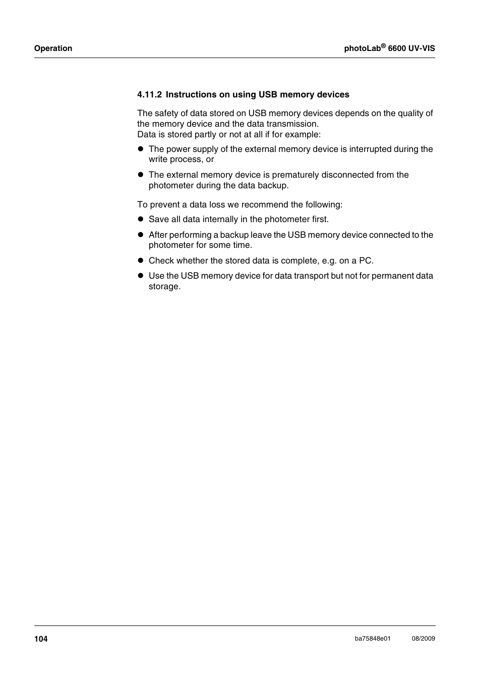2 instructions on using usb memory devices | Xylem photoLab 6600 UV-VIS User Manual | Page 104 / 184