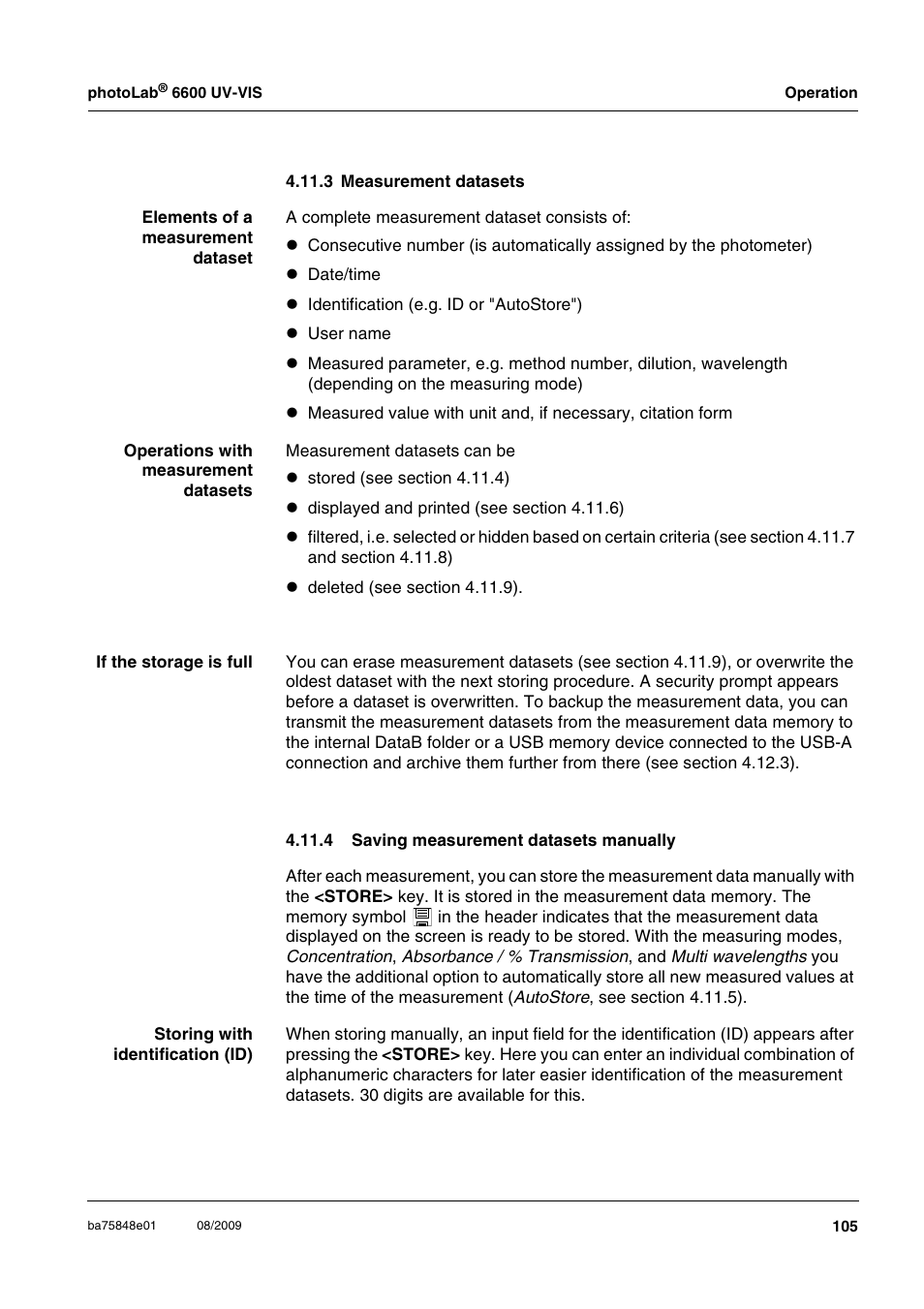 3 measurement datasets, 4 saving measurement datasets manually | Xylem photoLab 6600 UV-VIS User Manual | Page 105 / 184
