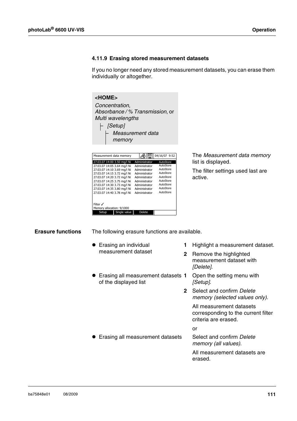 9 erasing stored measurement datasets, Section 4.11.9), Ee section 4.11.9) | Xylem photoLab 6600 UV-VIS User Manual | Page 111 / 184