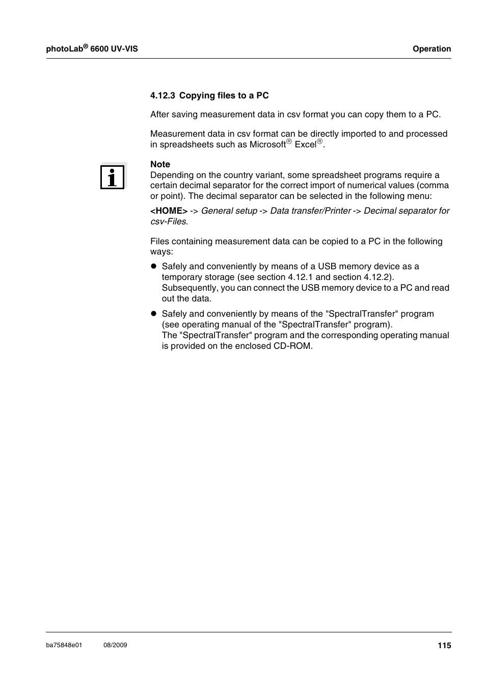 3 copying files to a pc, Ee section 4.12.3 | Xylem photoLab 6600 UV-VIS User Manual | Page 115 / 184