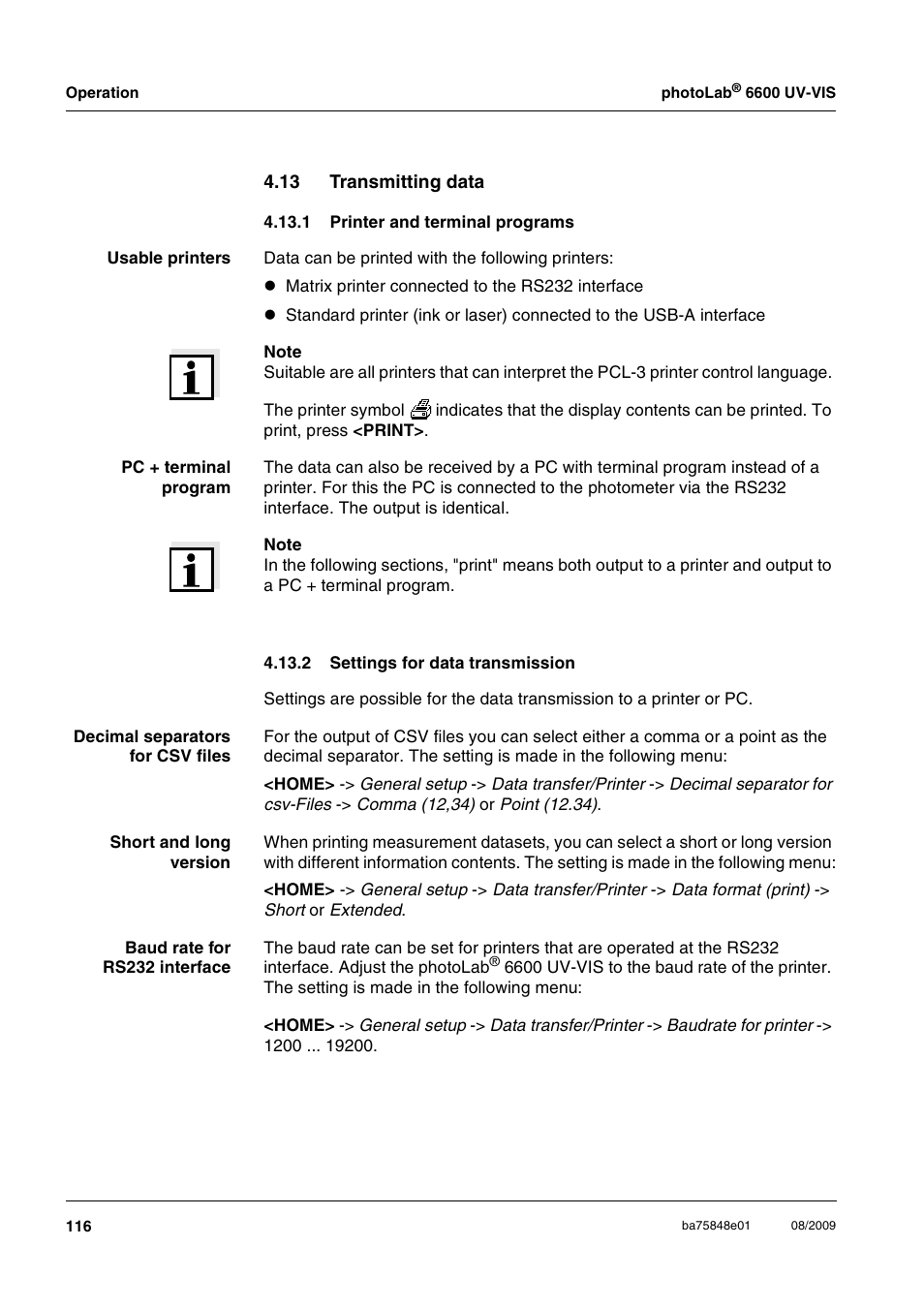 13 transmitting data, 1 printer and terminal programs, 2 settings for data transmission | Ee section 4.13, Ion 4.13), Ee section 4.13.2) | Xylem photoLab 6600 UV-VIS User Manual | Page 116 / 184