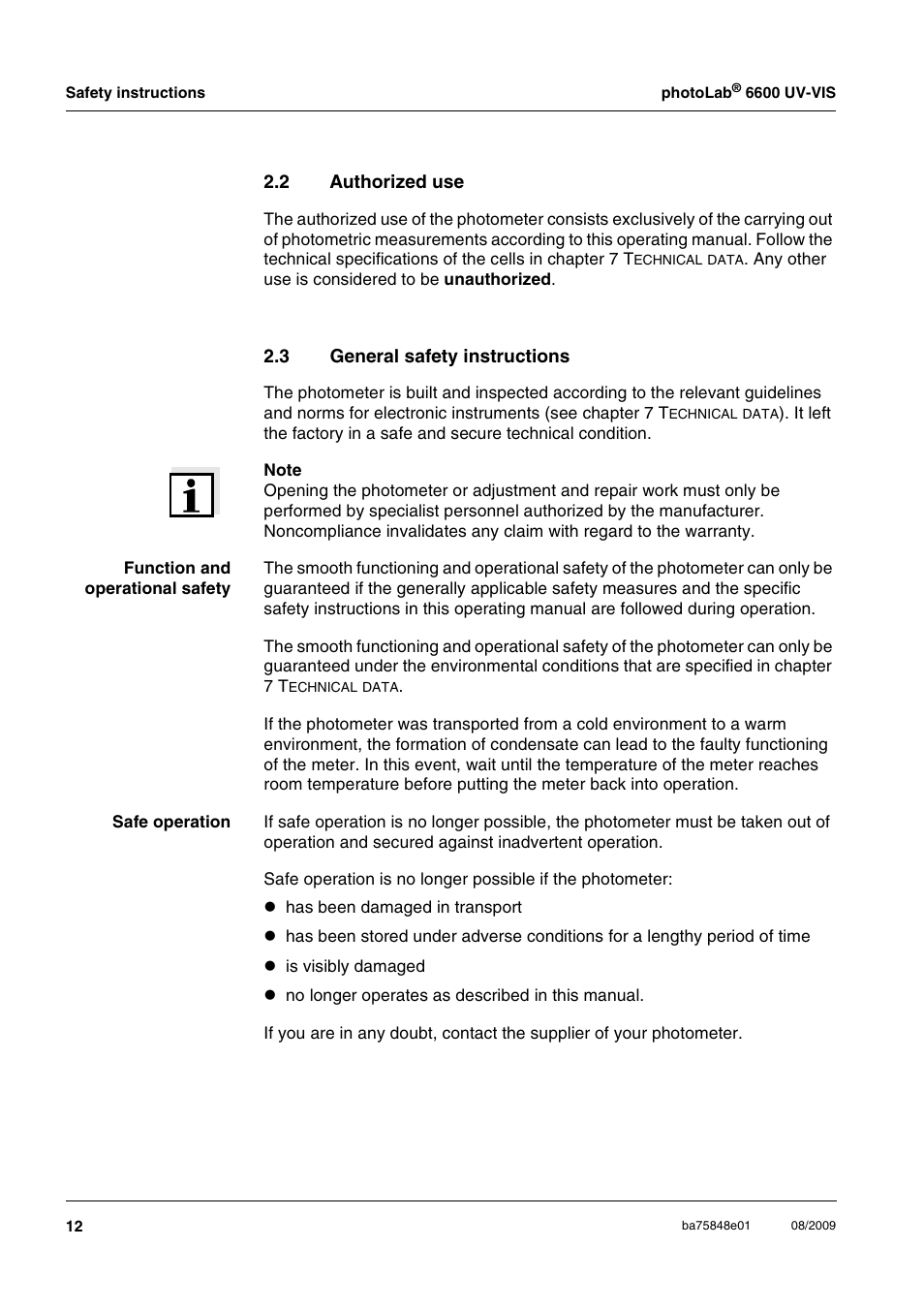 2 authorized use, 3 general safety instructions, Authorized use | General safety instructions | Xylem photoLab 6600 UV-VIS User Manual | Page 12 / 184