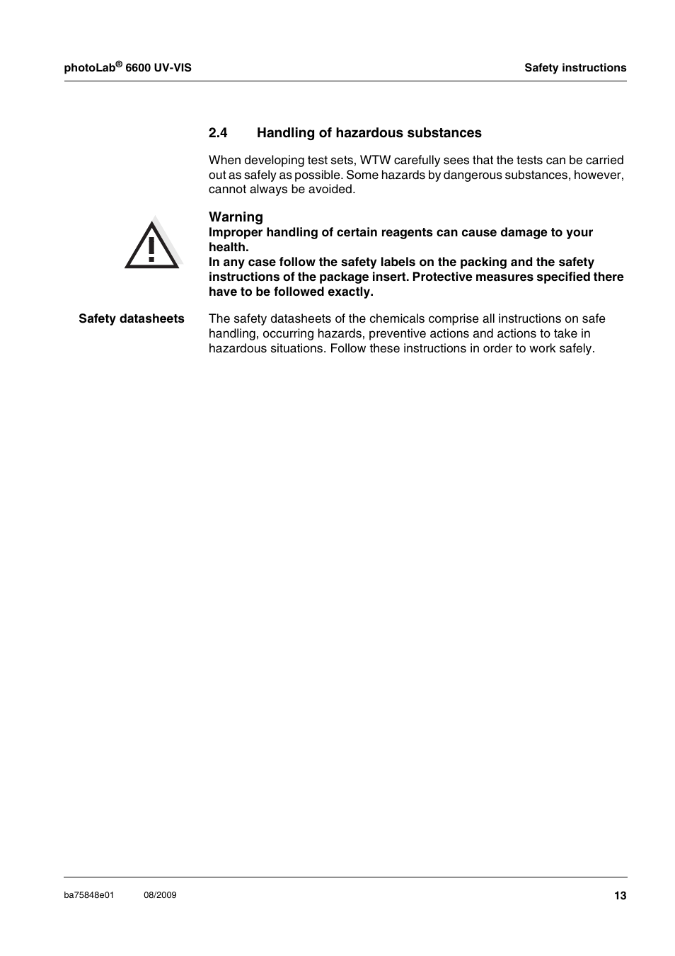 4 handling of hazardous substances, Handling of hazardous substances | Xylem photoLab 6600 UV-VIS User Manual | Page 13 / 184