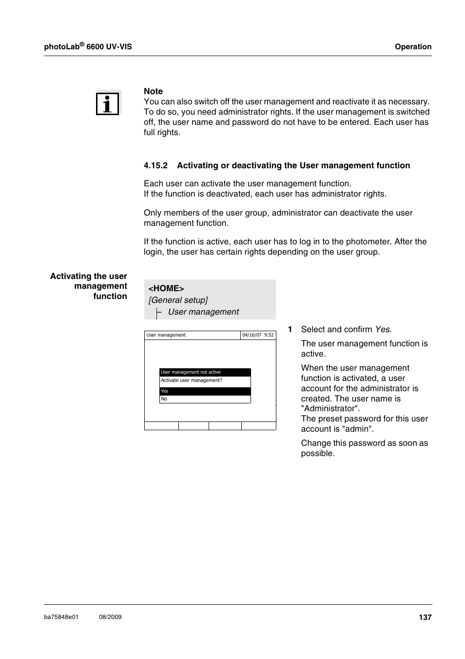 2 activating or deactivating the user, Management function | Xylem photoLab 6600 UV-VIS User Manual | Page 137 / 184